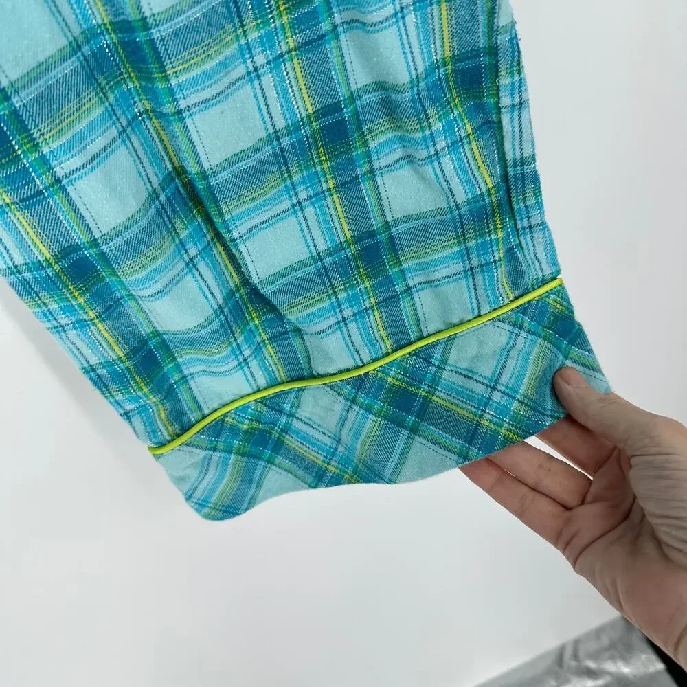 EUC Victoria’s Secret Pajama Pants M Plaid Blue Green Flannel Silver Threading